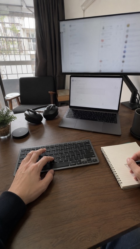 Morning, typing at the desk