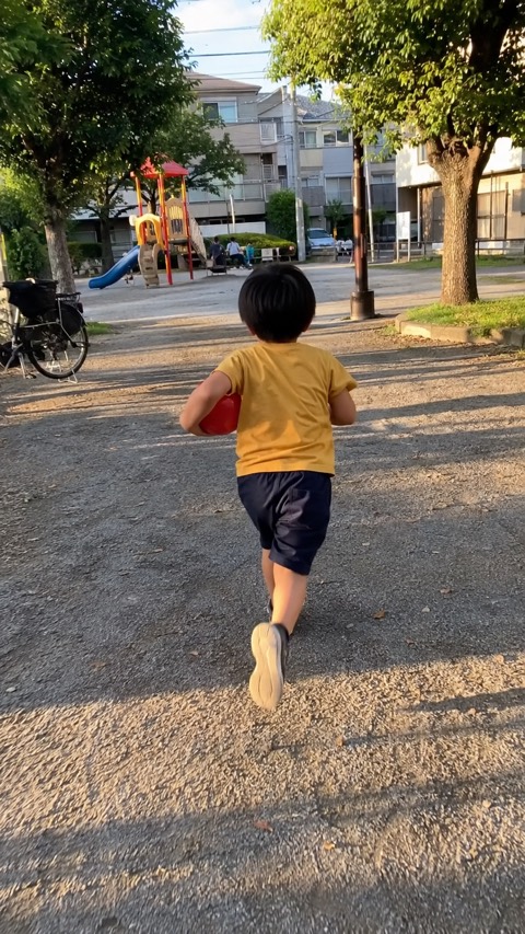 Late afternoon, a child running through the park with a ball